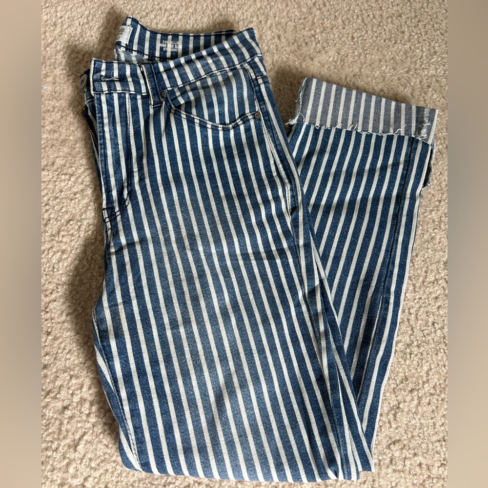 Kensie High Rise Slim Straight Striped Stretch Jeans Blue White Button Zip Denim